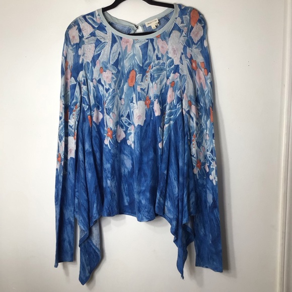 Anthropologie Meadow Rue pullover top medium blue linen watercolor floral spring - Picture 2 of 11